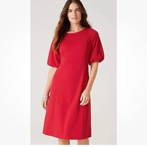 NWT J Jill Red Cherry Simple Elegance Puff Sleeves Dress Size LG Tall Modest